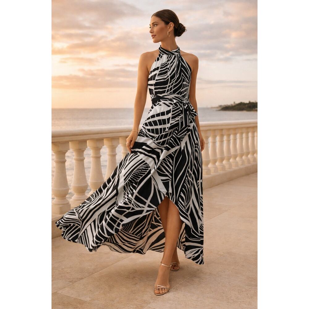 JM Studio by John Meyer Black White Abstract Wrap Maxi Dress Halter Tie Waist- 8